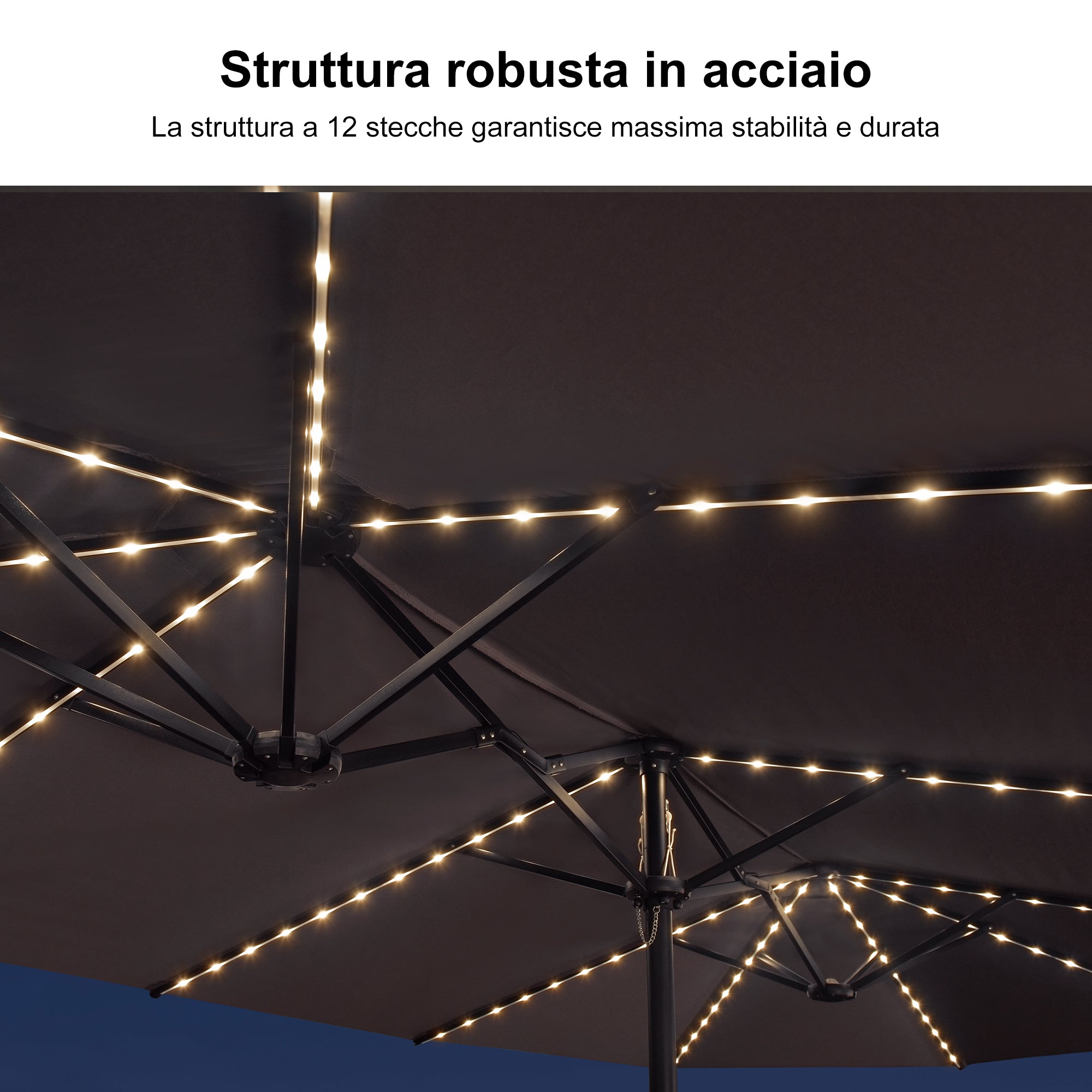 PURPLE LEAF Ombrellone doppio con illuminazione LED con base inclusa per esterni