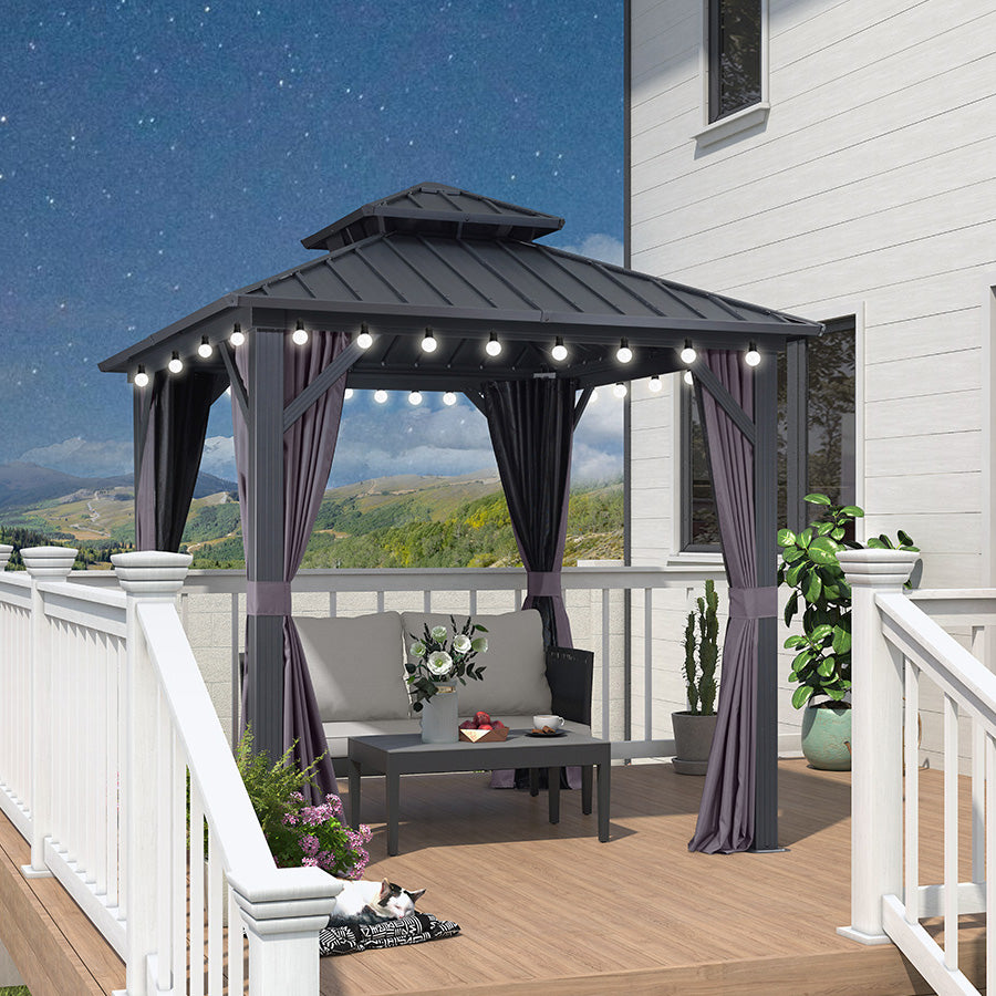 PURPLE LEAF Gazebo Rigida Grigia, Modello Leggero, Ottimo Rapporto Qualità‑Prezzo, Tetto Doppio Rinforzato in Acciaio Zincato, Catene Luminose di Colore Latte