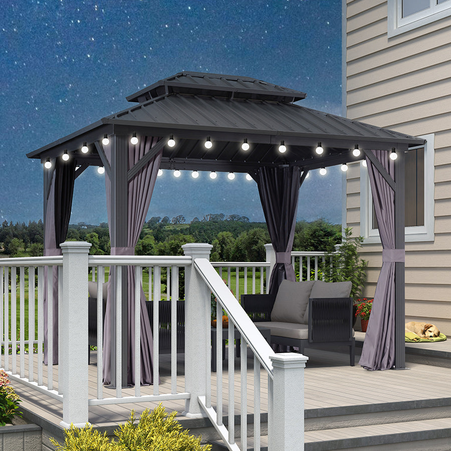 PURPLE LEAF Gazebo Rigida Grigia, Modello Leggero, Ottimo Rapporto Qualità‑Prezzo, Tetto Doppio Rinforzato in Acciaio Zincato, Catene Luminose di Colore Latte