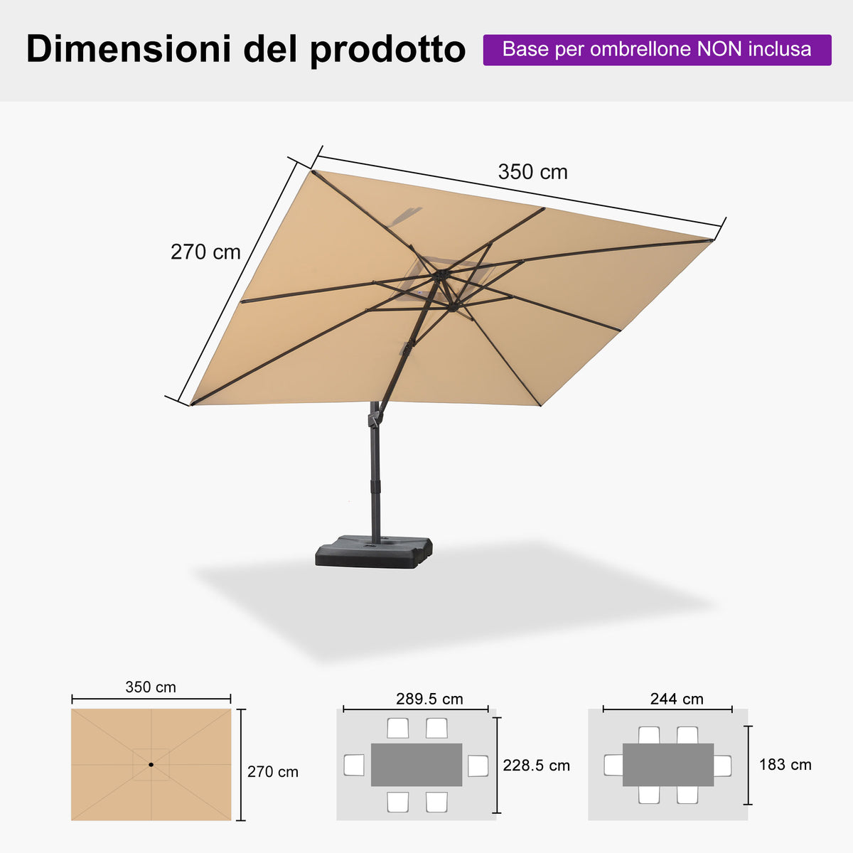 PURPLE LEAF Ombrellone Decentrato Inclinabile con Regolazione Continua per Giardino e Terrazza