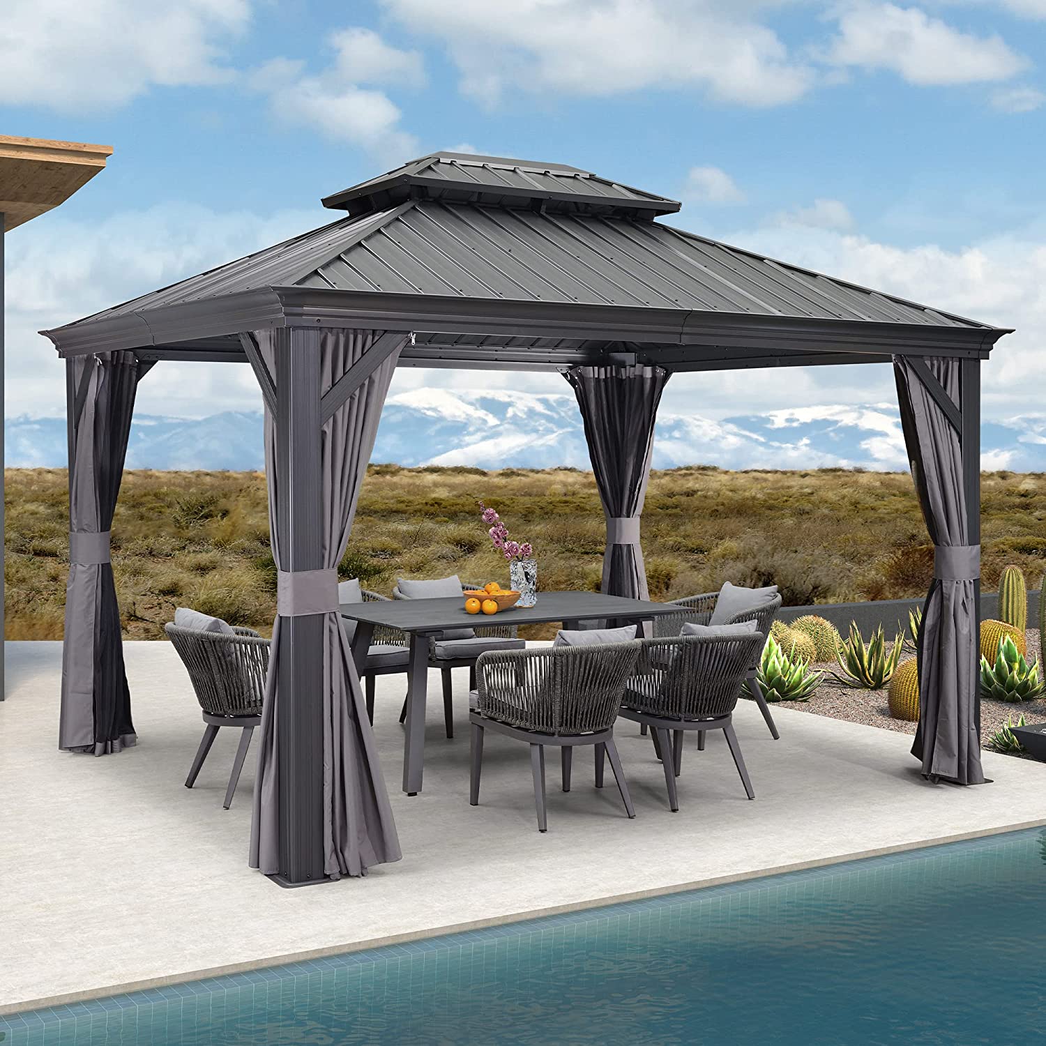 PURPLE LEAF Alluminio Gazebo Giardino con Zanzariere e Tende Tetto Doppio in Acciaio Galvanizzato, Grigio