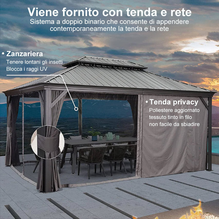 PURPLE LEAF Alluminio Gazebo Giardino con Zanzariere e Tende Tetto Doppio in Acciaio Galvanizzato, Grigio