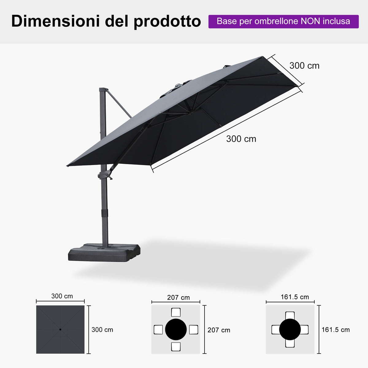 PURPLE LEAF Ombrellone Decentrato Inclinabile con Regolazione Continua per Giardino e Terrazza