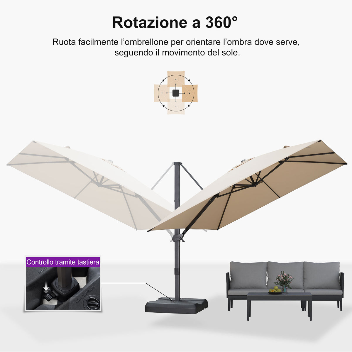 PURPLE LEAF Ombrellone Decentrato Inclinabile con Regolazione Continua per Giardino e Terrazza