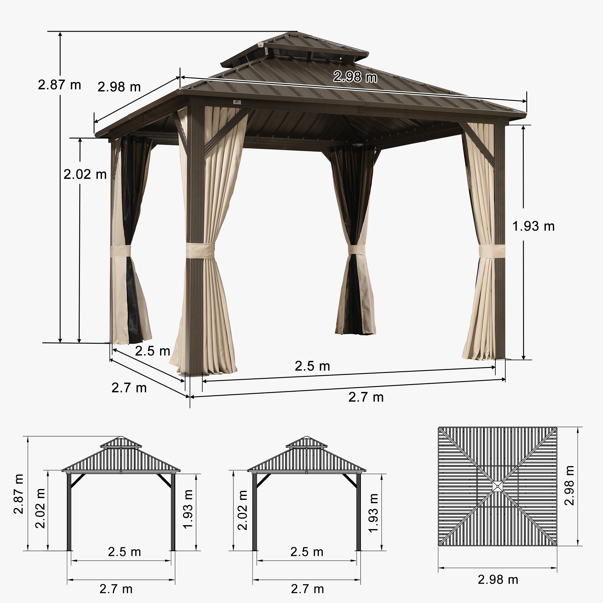 PURPLE LEAF Gazebo da Giardino In Alluminio Impermeabile e Stabile Doppio Tetto in Acciaio Galvanizzato Versione Economica - Bronzo