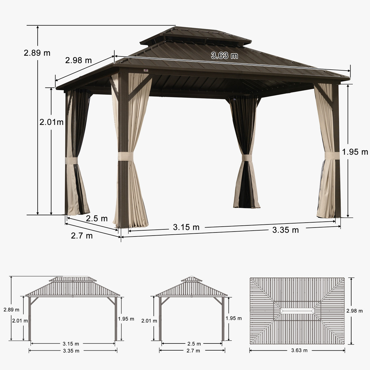 Purple Leaf Gazebo da Giardino Tetto Rigido in Bronzo Doppio Tetto in Acciaio Zincato Rete e Tende Catene Luminose Trasparenti