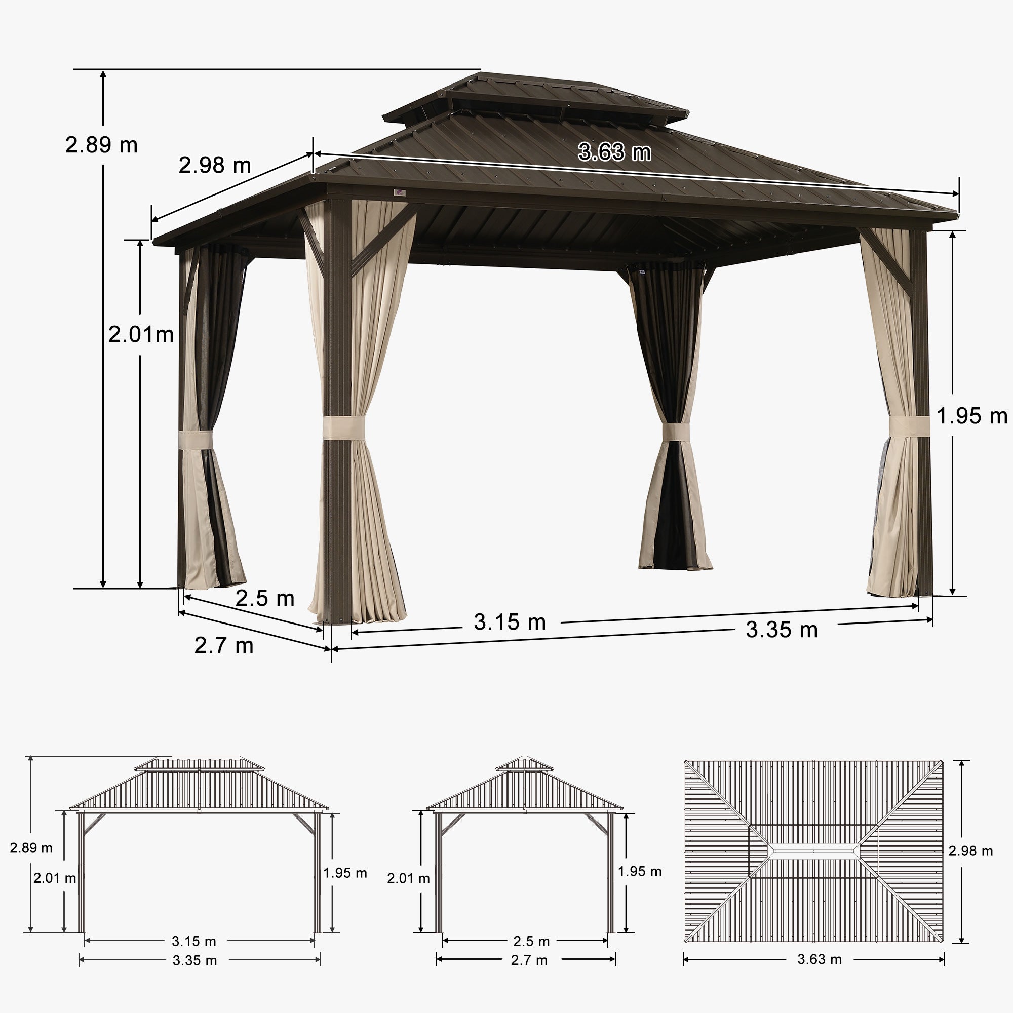 PURPLE LEAF Gazebo da Giardino In Alluminio Impermeabile e Stabile Doppio Tetto in Acciaio Galvanizzato Versione Economica - Bronzo