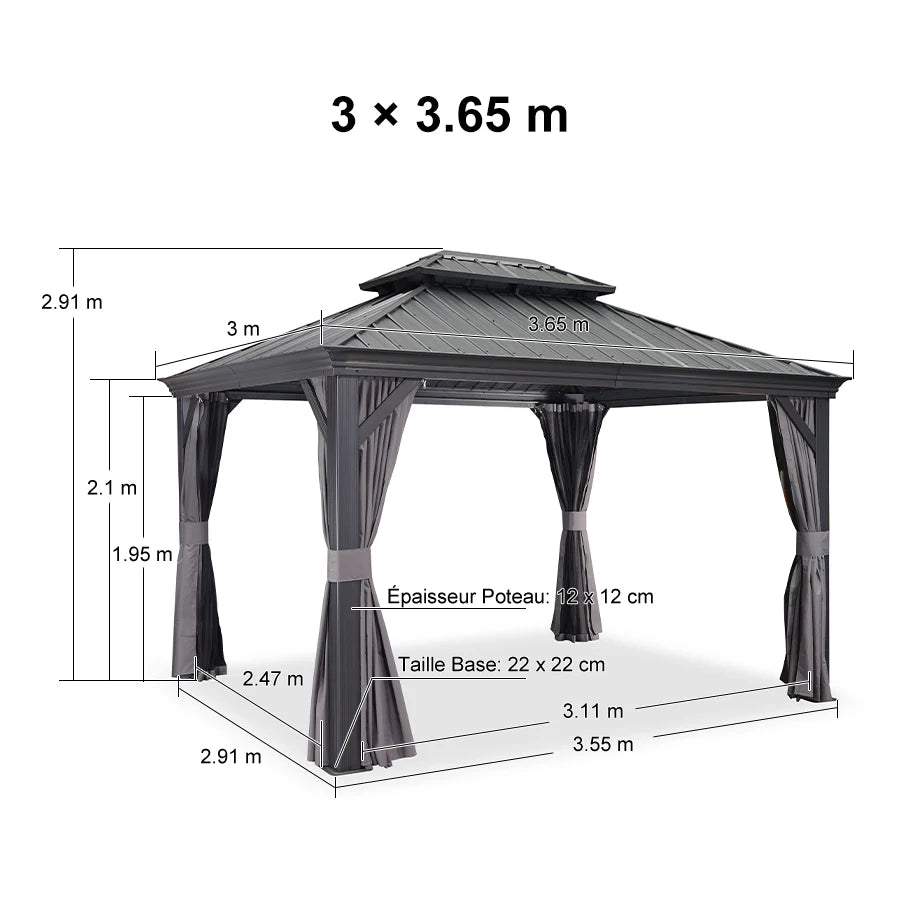 PURPLE LEAF Alluminio Gazebo Giardino con Zanzariere e Tende Tetto Doppio in Acciaio Galvanizzato, Grigio
