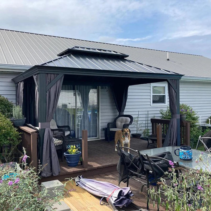PURPLE LEAF Alluminio Gazebo Giardino con Zanzariere e Tende Tetto Doppio in Acciaio Galvanizzato, Grigio