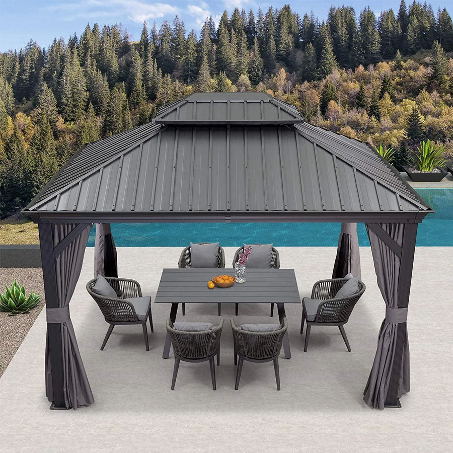 PURPLE LEAF Alluminio Gazebo Giardino con Zanzariere e Tende Tetto Doppio in Acciaio Galvanizzato, Grigio