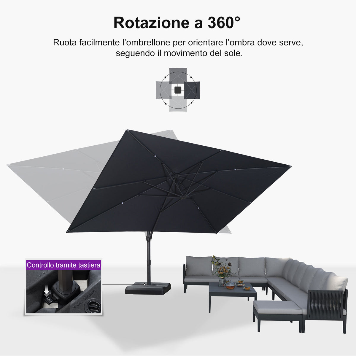 PURPLE LEAF Ombrellone Decentrato Inclinabile con Regolazione Continua per Giardino e Terrazza