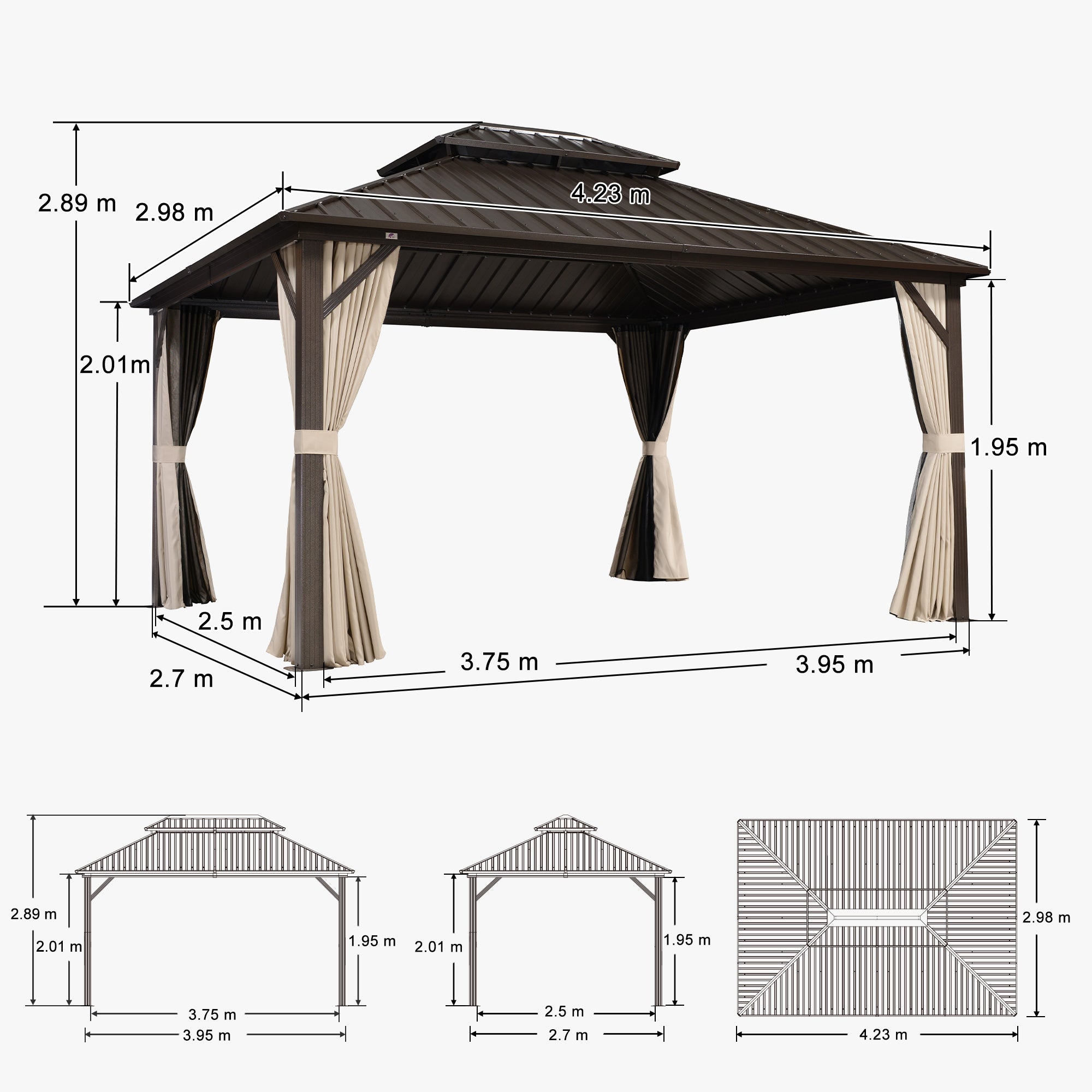 PURPLE LEAF Gazebo da Giardino In Alluminio Impermeabile e Stabile Doppio Tetto in Acciaio Galvanizzato Versione Economica - Bronzo