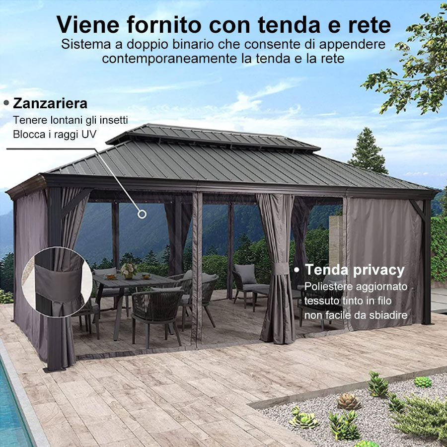 PURPLE LEAF Alluminio Gazebo Giardino con Zanzariere e Tende Tetto Doppio in Acciaio Galvanizzato, Grigio