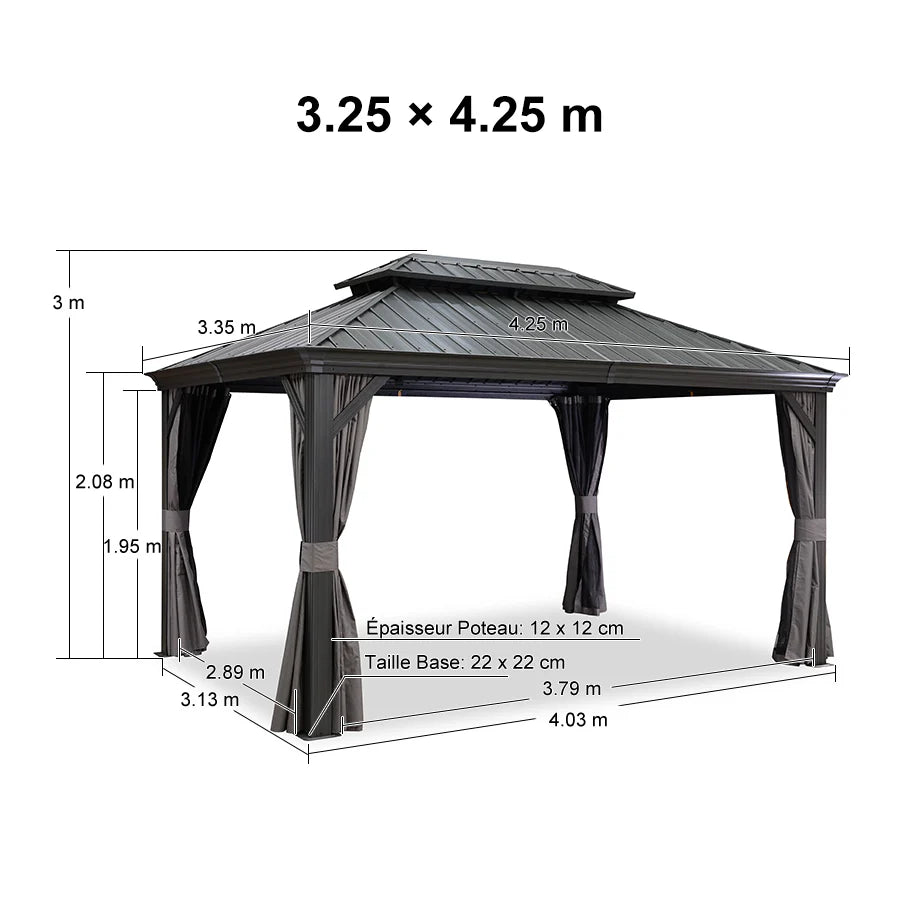 PURPLE LEAF Alluminio Gazebo Giardino con Zanzariere e Tende Tetto Doppio in Acciaio Galvanizzato, Grigio