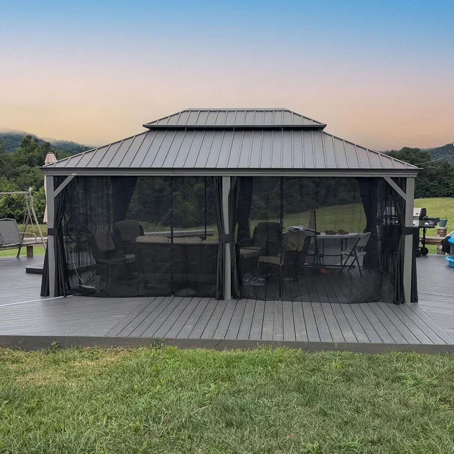 PURPLE LEAF Gazebo in Alluminio,Tetto Rigido in Acciaio Zincato, Tende Incluse, Grigio Chiaro