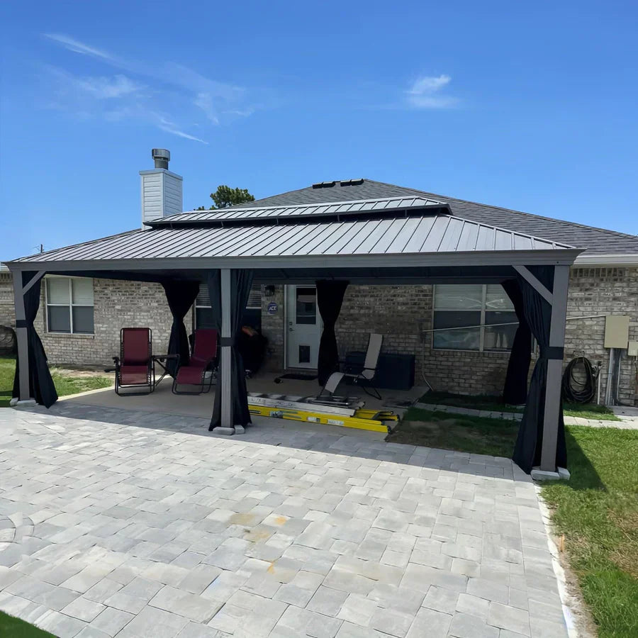 PURPLE LEAF Gazebo in Alluminio,Tetto Rigido in Acciaio Zincato, Tende Incluse, Grigio Chiaro