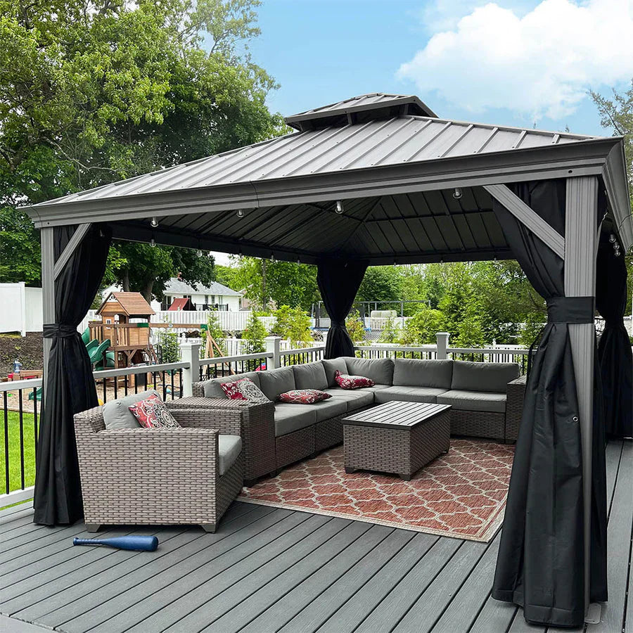 PURPLE LEAF Gazebo in Alluminio,Tetto Rigido in Acciaio Zincato, Tende Incluse, Grigio Chiaro