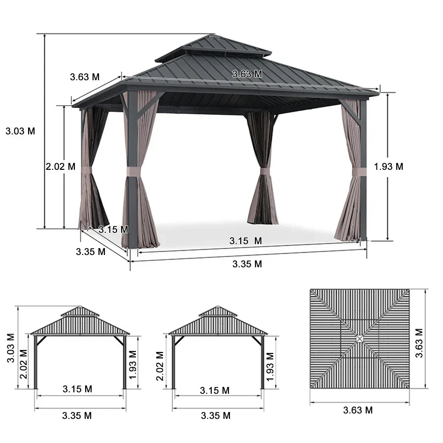 PURPLE LEAF Alluminio Gazebo Giardino con Zanzariere e Tende Tetto Doppio in Acciaio Galvanizzato, Grigio