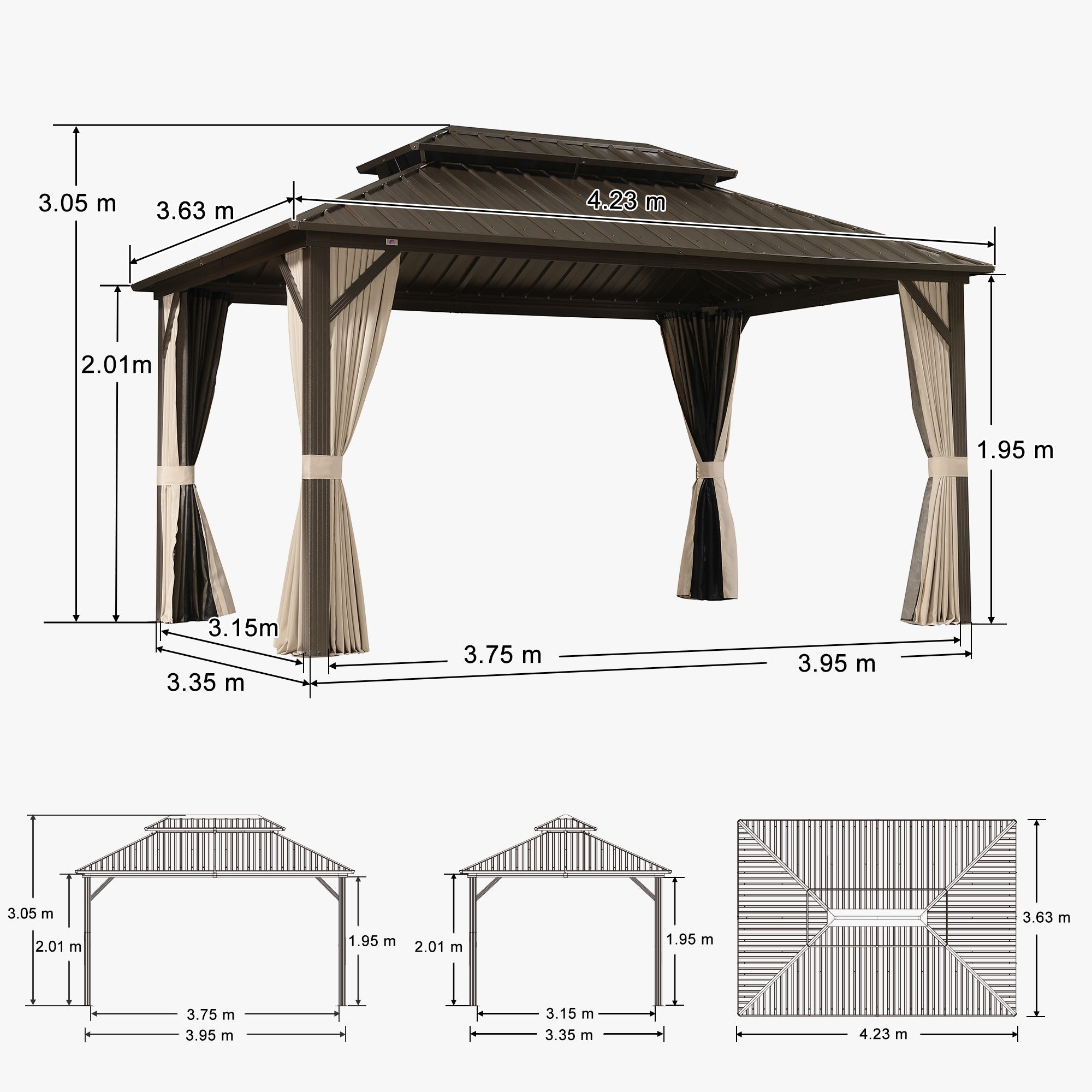 PURPLE LEAF Gazebo da Giardino In Alluminio Impermeabile e Stabile Doppio Tetto in Acciaio Galvanizzato Versione Economica - Bronzo