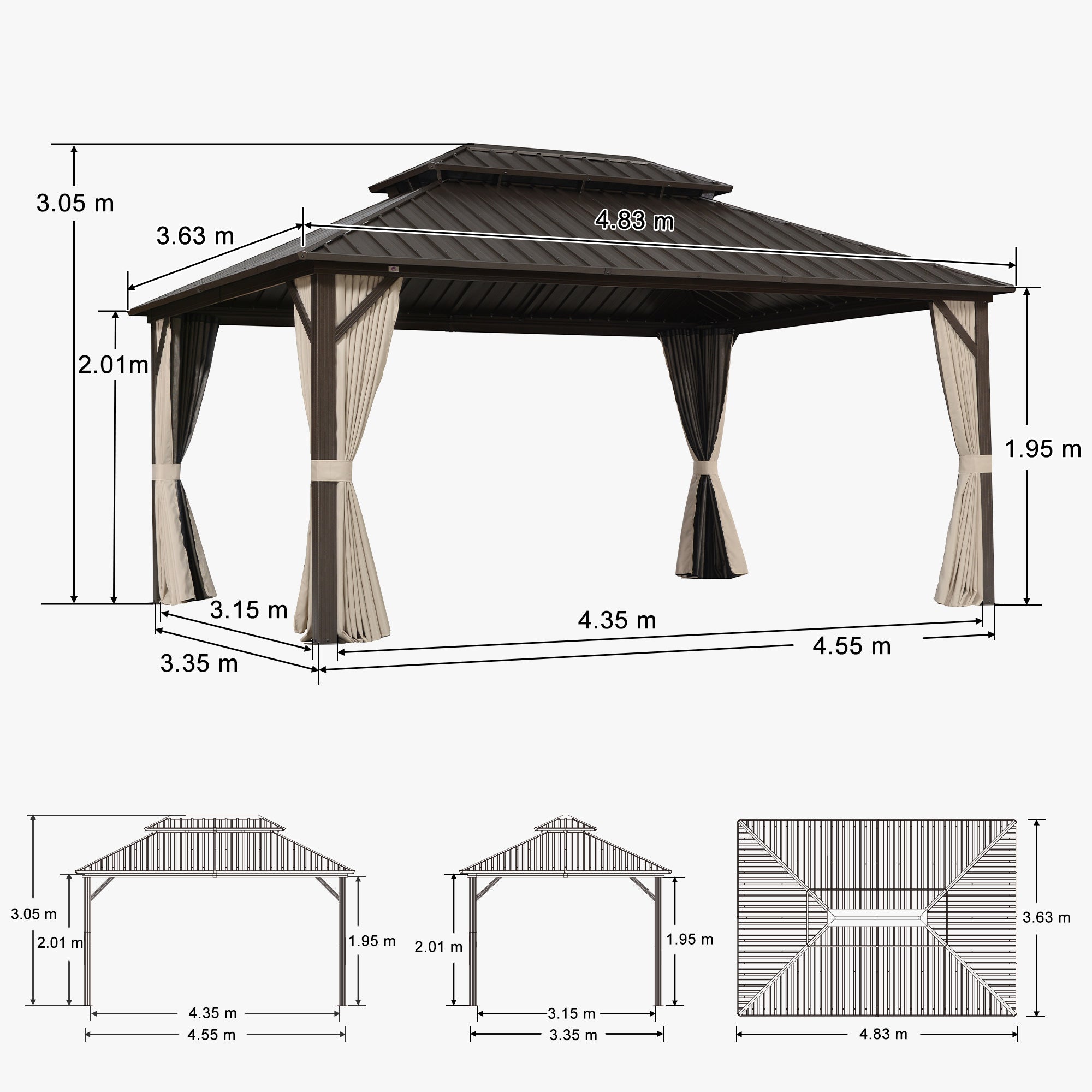 PURPLE LEAF Gazebo da Giardino In Alluminio Impermeabile e Stabile Doppio Tetto in Acciaio Galvanizzato Versione Economica - Bronzo