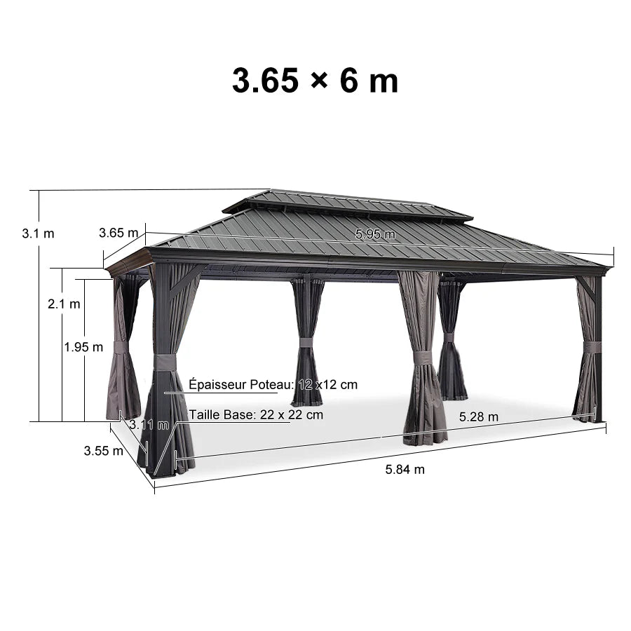 PURPLE LEAF Alluminio Gazebo Giardino con Zanzariere e Tende Tetto Doppio in Acciaio Galvanizzato, Grigio