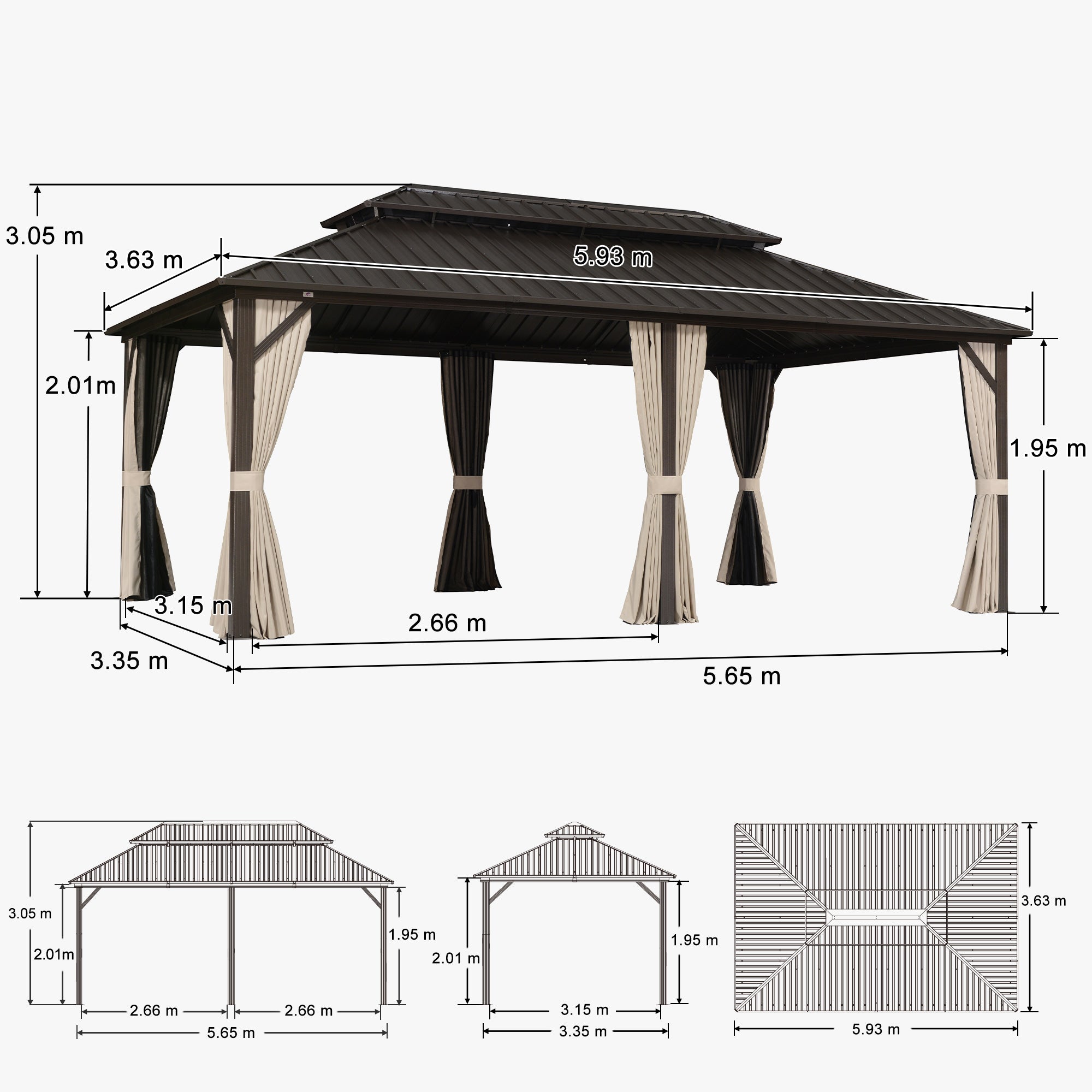 PURPLE LEAF Gazebo da Giardino In Alluminio Impermeabile e Stabile Doppio Tetto in Acciaio Galvanizzato Versione Economica - Bronzo