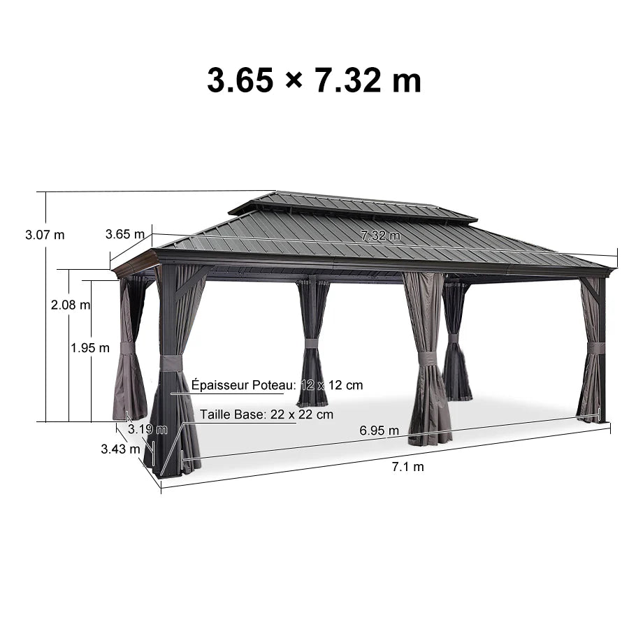 PURPLE LEAF Alluminio Gazebo Giardino con Zanzariere e Tende Tetto Doppio in Acciaio Galvanizzato, Grigio