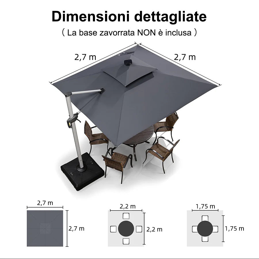 PURPLE LEAF Ombrellone Quadrati da Giardino con Doppio Top e luci ,con Base
