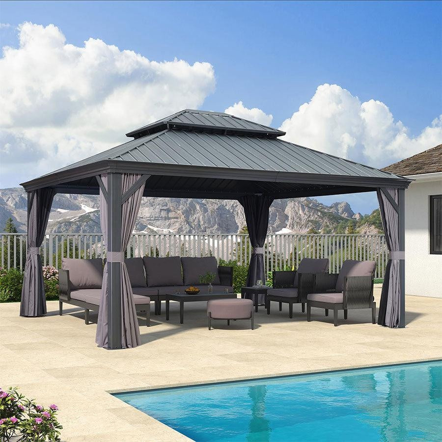 PURPLE LEAF Alluminio Gazebo Giardino con Zanzariere e Tende Tetto Doppio in Acciaio Galvanizzato, Grigio