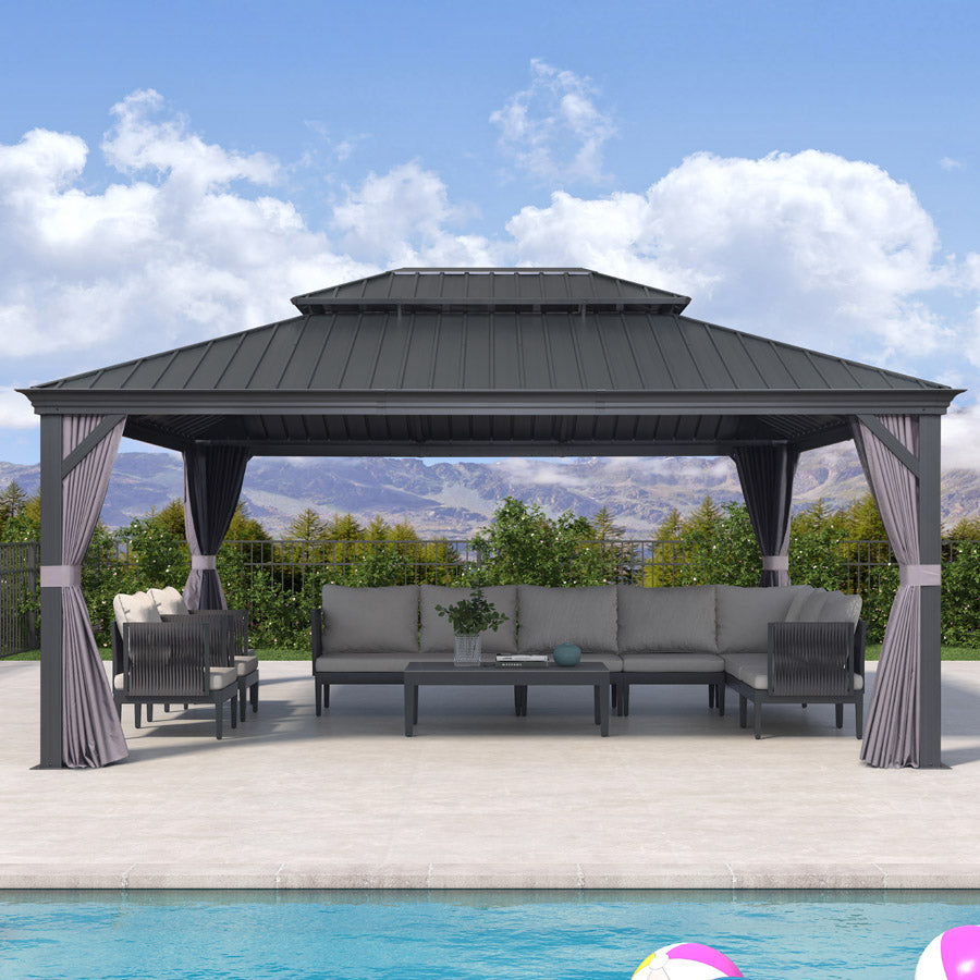 PURPLE LEAF Alluminio Gazebo Giardino con Zanzariere e Tende Tetto Doppio in Acciaio Galvanizzato, Grigio