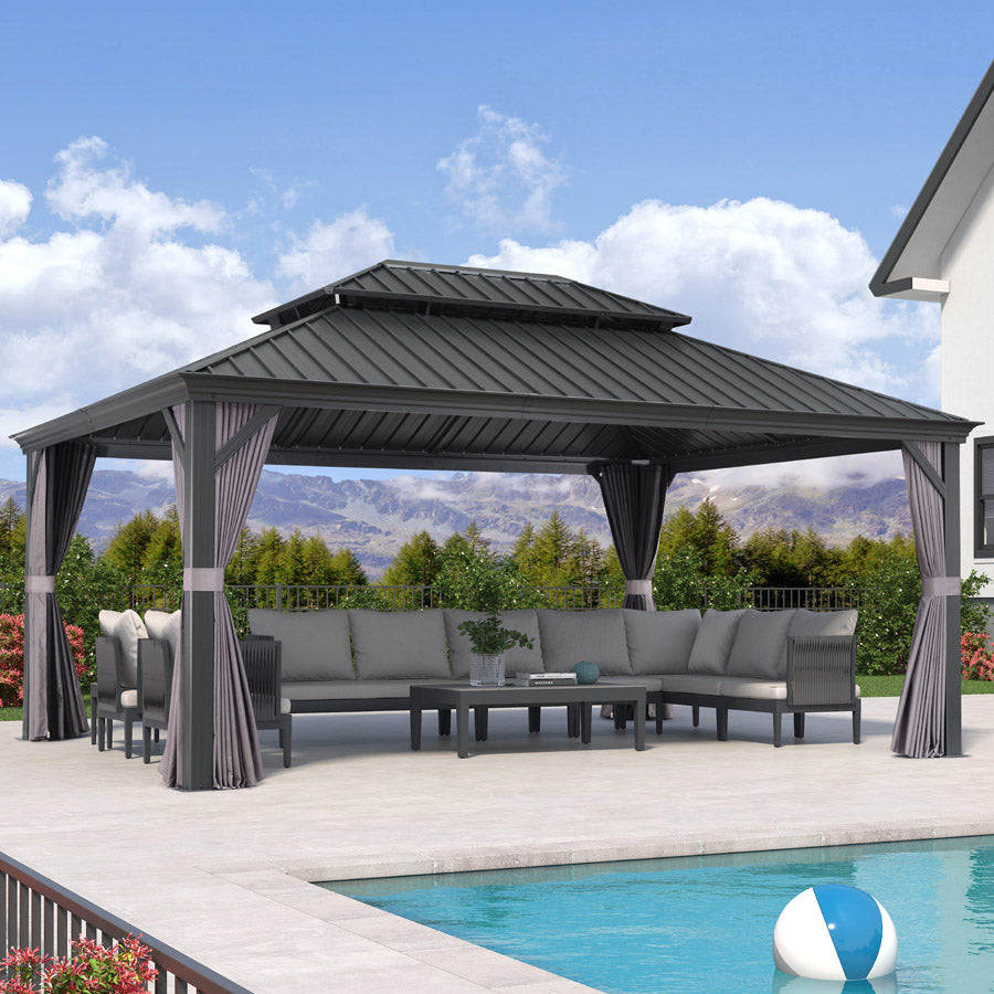 PURPLE LEAF Alluminio Gazebo Giardino con Zanzariere e Tende Tetto Doppio in Acciaio Galvanizzato, Grigio