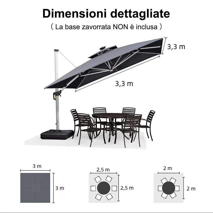PURPLE LEAF Ombrellone Quadrati da Giardino con Doppio Top e luci ,con Base
