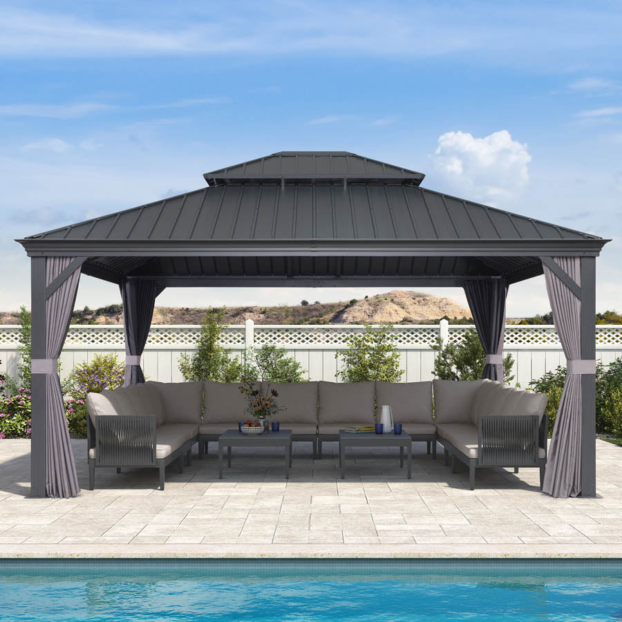 PURPLE LEAF Alluminio Gazebo Giardino con Zanzariere e Tende Tetto Doppio in Acciaio Galvanizzato, Grigio