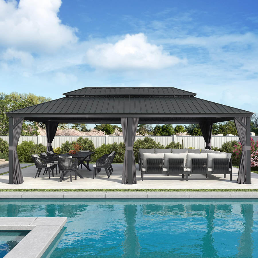 PURPLE LEAF Alluminio Gazebo Giardino con Zanzariere e Tende Tetto Doppio in Acciaio Galvanizzato, Grigio