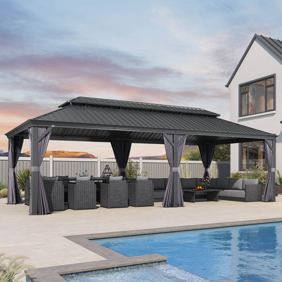 PURPLE LEAF Alluminio Gazebo Giardino con Zanzariere e Tende Tetto Doppio in Acciaio Galvanizzato, Grigio