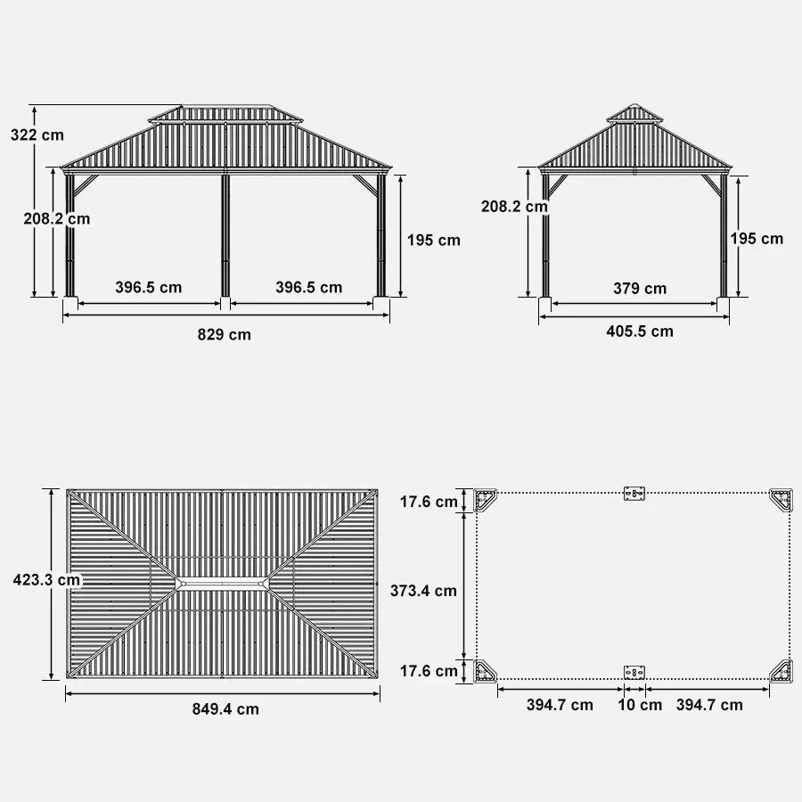 PURPLE LEAF Alluminio Gazebo Giardino con Zanzariere e Tende Tetto Doppio in Acciaio Galvanizzato, Grigio