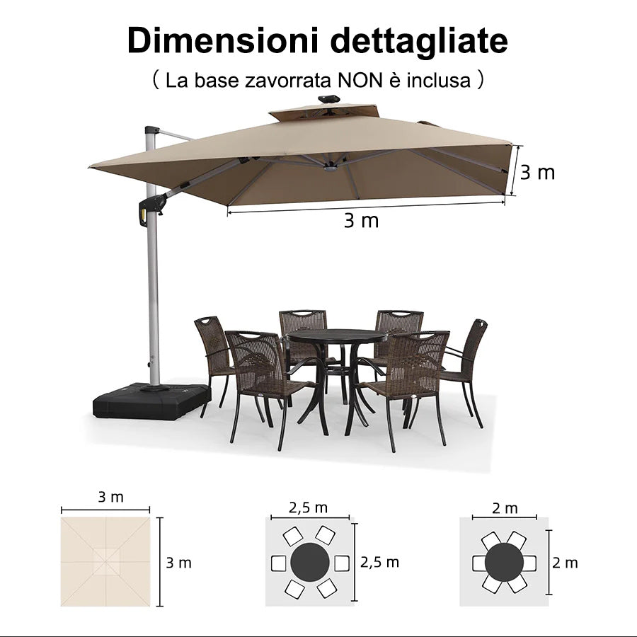 PURPLE LEAF Ombrellone Quadrati da Giardino con Doppio Top e luci ,con Base