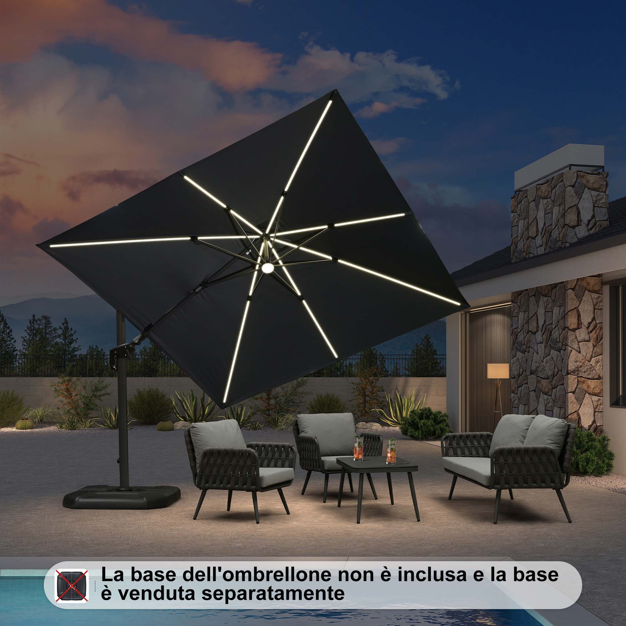 PURPLE LEAF Ombrellone da Giardino Ombrellone Quadrato Girevole con Rotazione a 360 gradi per esterno con luci