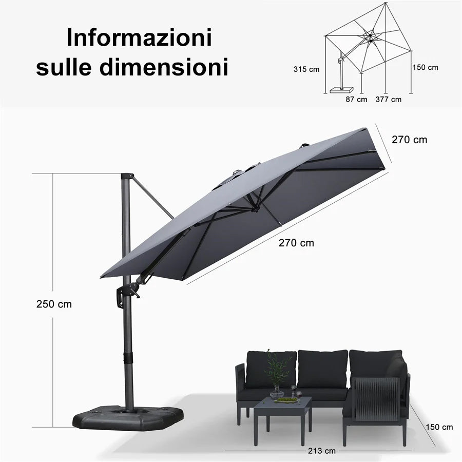 PURPLE LEAF Ombrellone da Giardino Quadrato inclinabile economico ,con Base