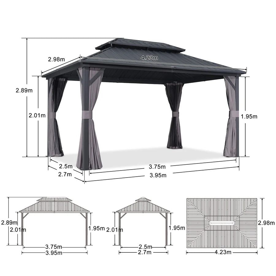 PURPLE LEAF Gazebo da Giardino Esterno,Tetto Doppio in Acciaio Galvanizzato, Resistente alla Corrosione, con Guirlanda Luminosa Trasparente, Modello Leggero - Grigio