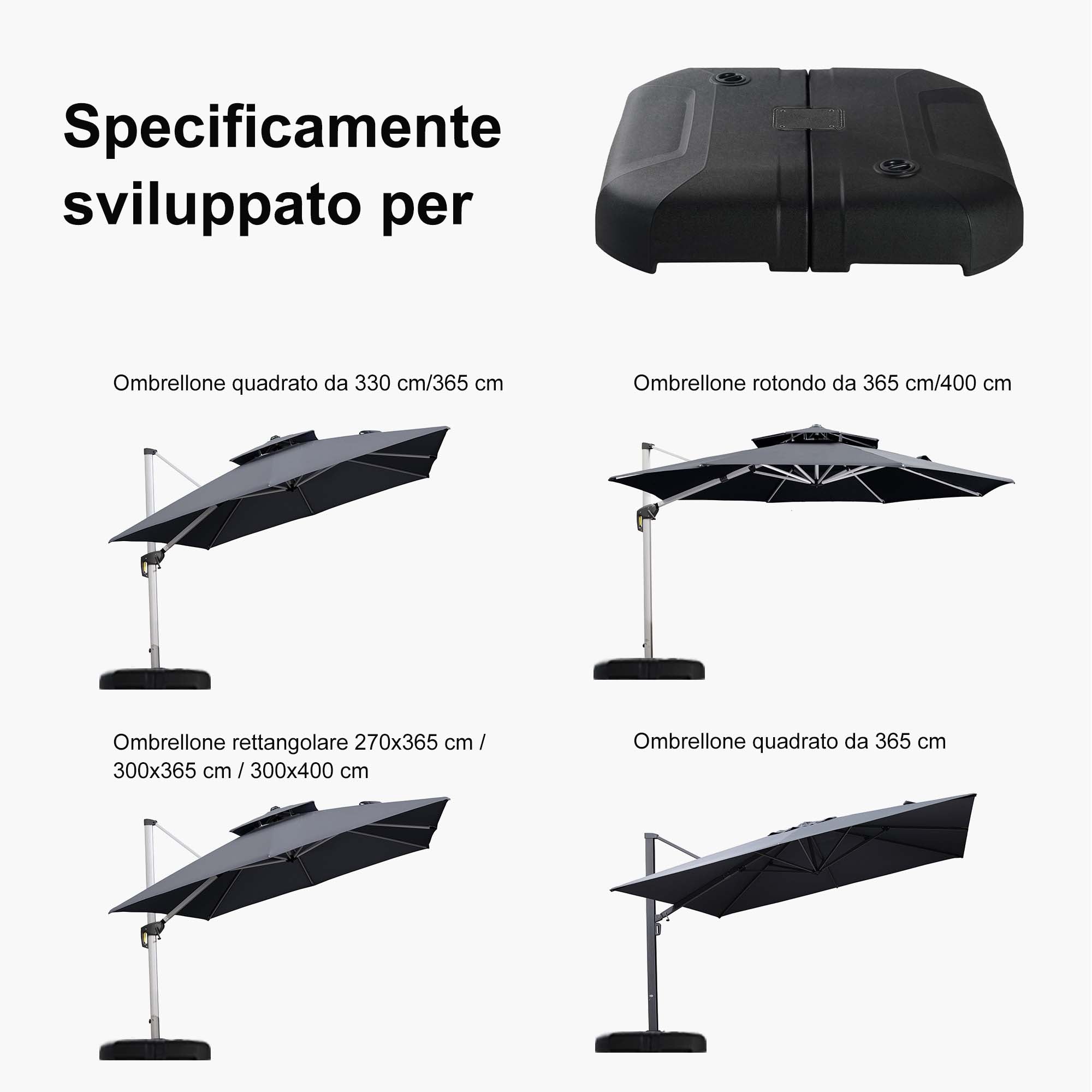 PURPLE LEAF Base per ombrellone supporto per ombrellone a braccio laterale per ombrellone grande riempibile con acqua o sabbia peso base 150 kg nero