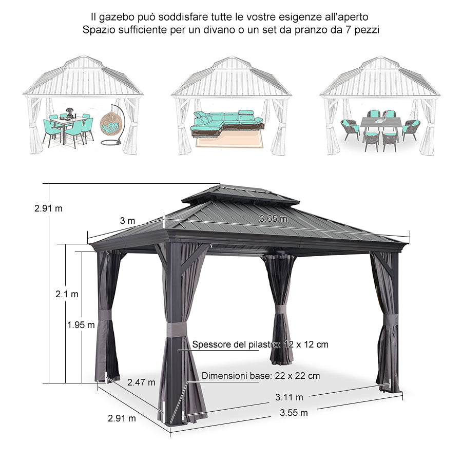PURPLE LEAF Alluminio Gazebo Giardino con Zanzariere e Tende Tetto Doppio in Acciaio Galvanizzato, Grigio
