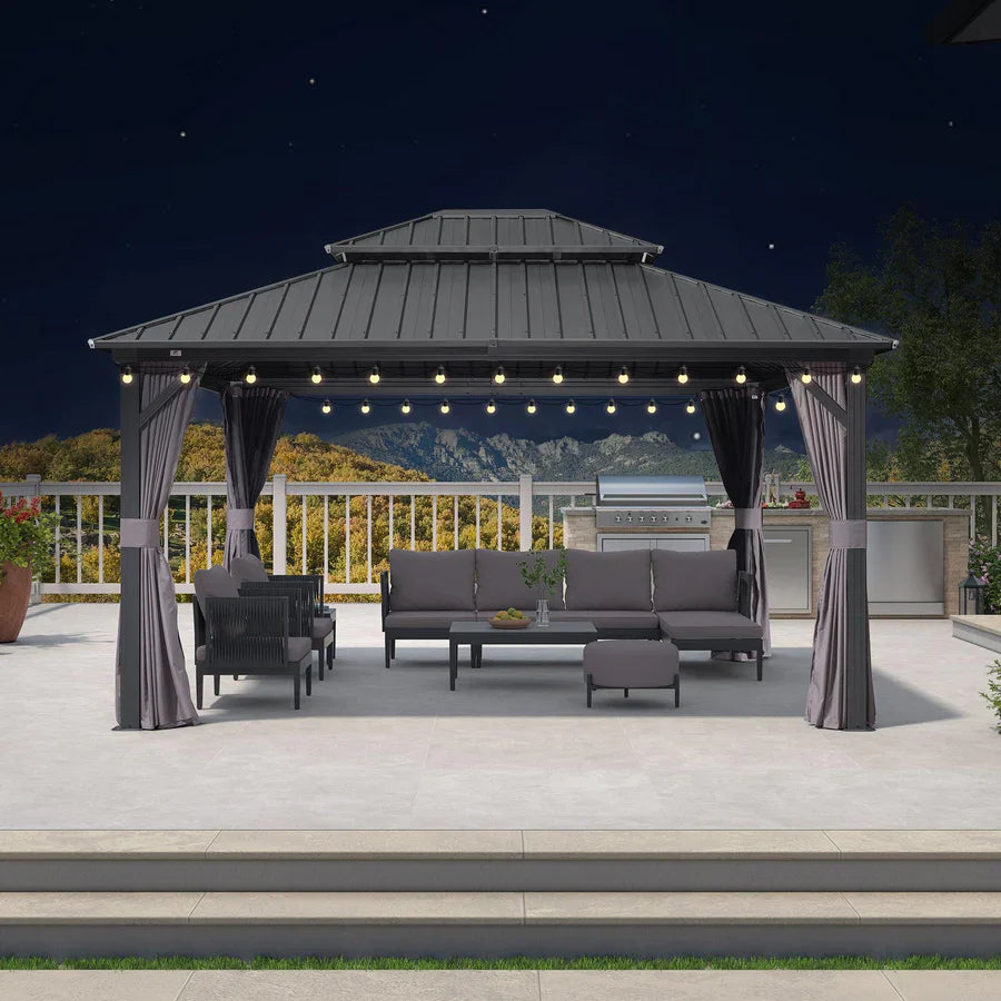 PURPLE LEAF Gazebo da Giardino Esterno,Tetto Doppio in Acciaio Galvanizzato, Resistente alla Corrosione, con Guirlanda Luminosa Trasparente, Modello Leggero - Grigio