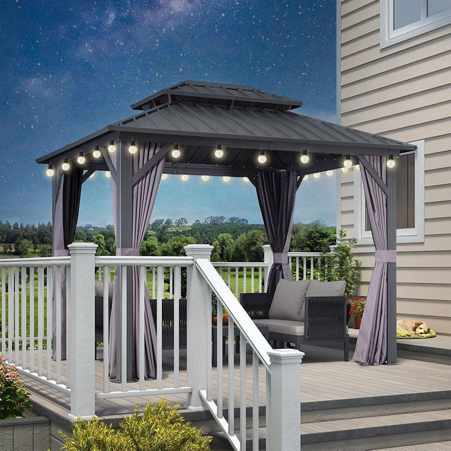 PURPLE LEAF Gazebo da Giardino Esterno,Tetto Doppio in Acciaio Galvanizzato, Resistente alla Corrosione, con Guirlanda Luminosa Trasparente, Modello Leggero - Grigio