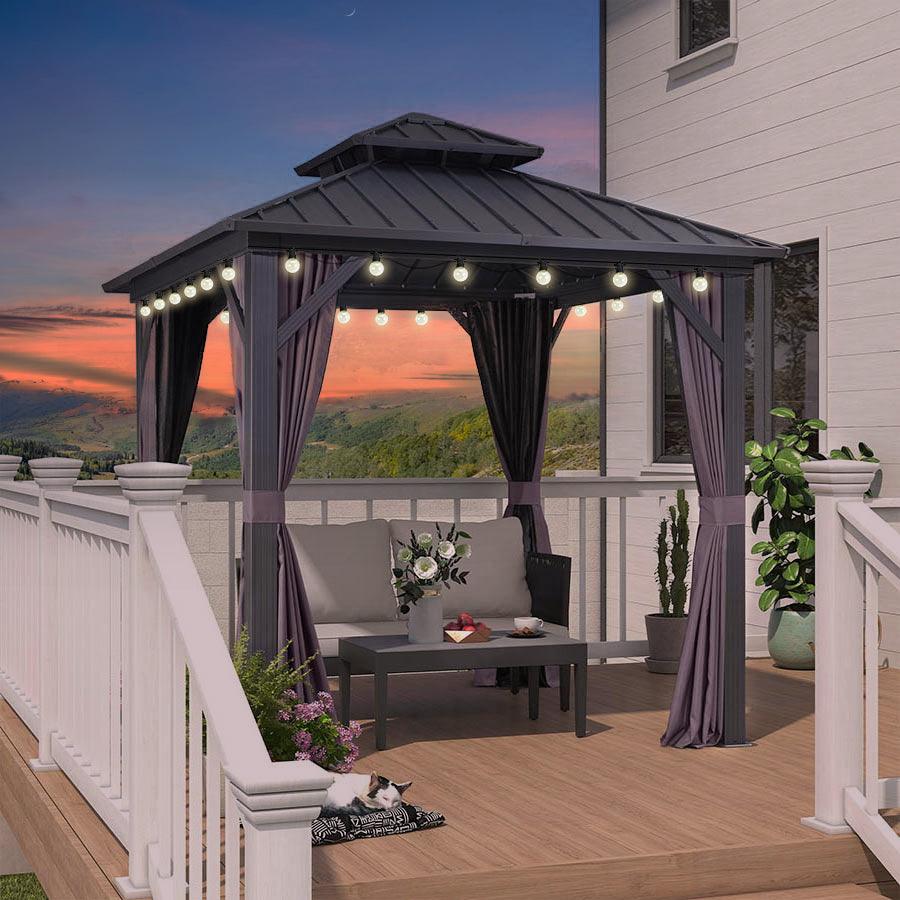 PURPLE LEAF Gazebo da Giardino Esterno,Tetto Doppio in Acciaio Galvanizzato, Resistente alla Corrosione, con Guirlanda Luminosa Trasparente, Modello Leggero - Grigio