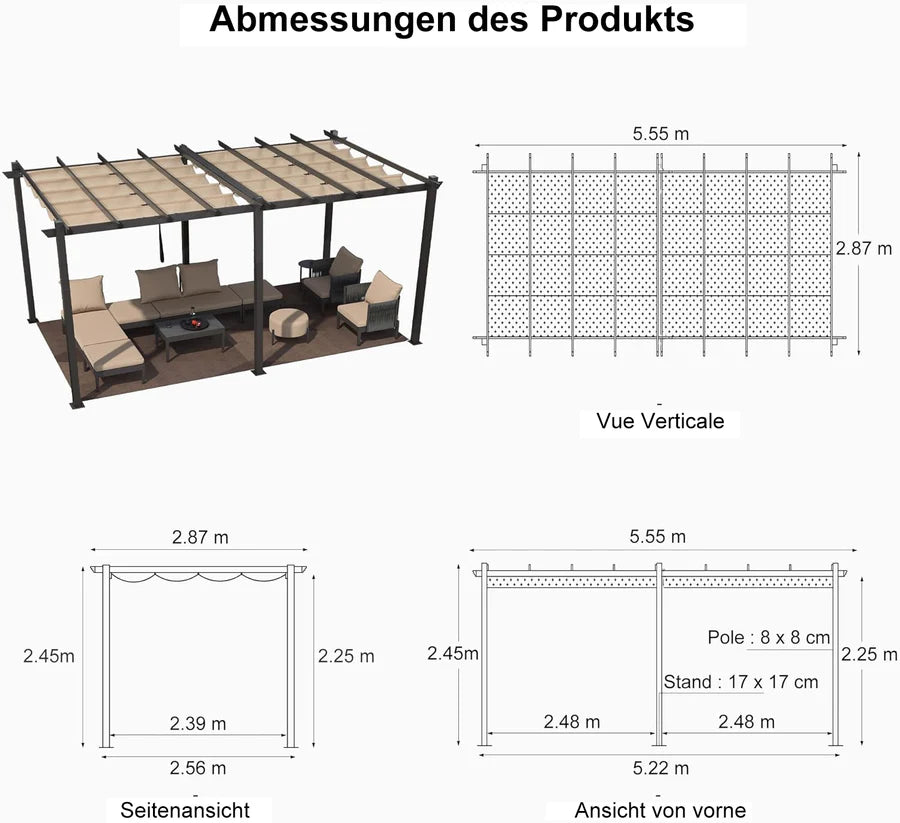 PURPLE LEAF Pergola Alluminio Pergolato da Giardino con Tetto ha Scomparsa Per Giardino Pergolati Terrazzo