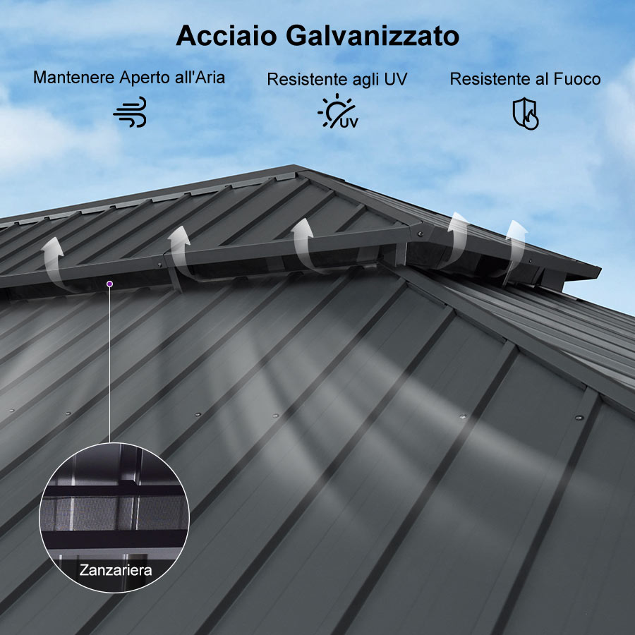 PURPLE LEAF Alluminio Gazebo Giardino con Zanzariere e Tende Tetto Doppio in Acciaio Galvanizzato, Grigio