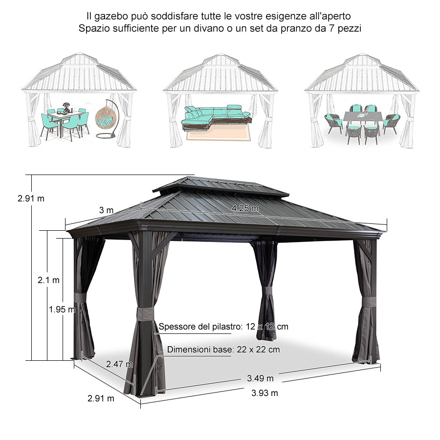 PURPLE LEAF Alluminio Gazebo Giardino con Zanzariere e Tende Tetto Doppio in Acciaio Galvanizzato, Grigio