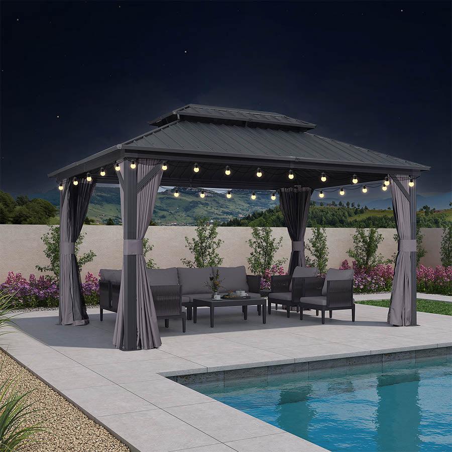 PURPLE LEAF Gazebo da Giardino Esterno,Tetto Doppio in Acciaio Galvanizzato, Resistente alla Corrosione, con Guirlanda Luminosa Trasparente, Modello Leggero - Grigio