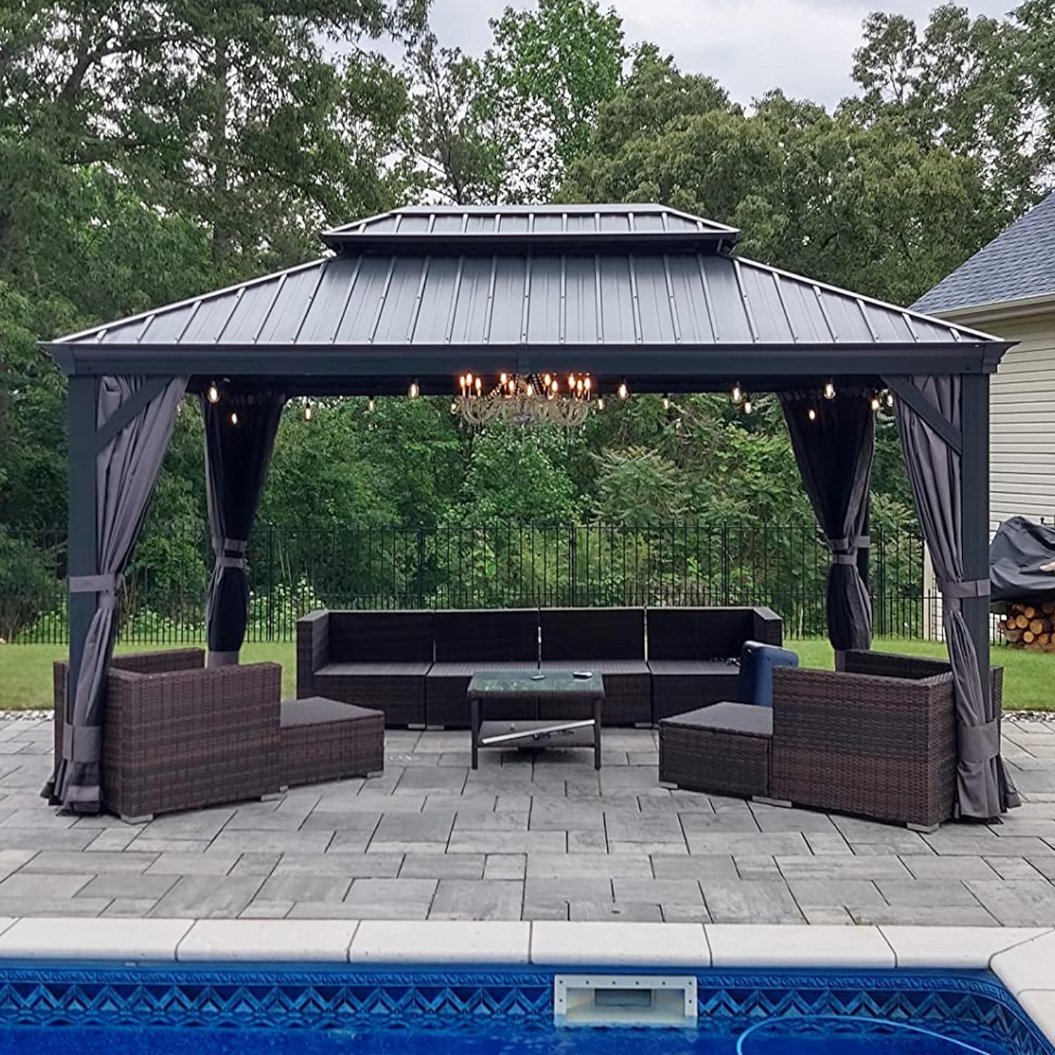 PURPLE LEAF Alluminio Gazebo Giardino con Zanzariere e Tende Tetto Doppio in Acciaio Galvanizzato, Grigio
